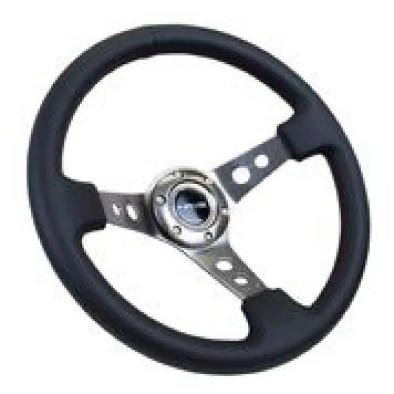 Nrg Reinforced Steering Wheel (350Mm / 3In. Deep) Blk Leather W/Gunmetal Circle Cutout Spokes 1