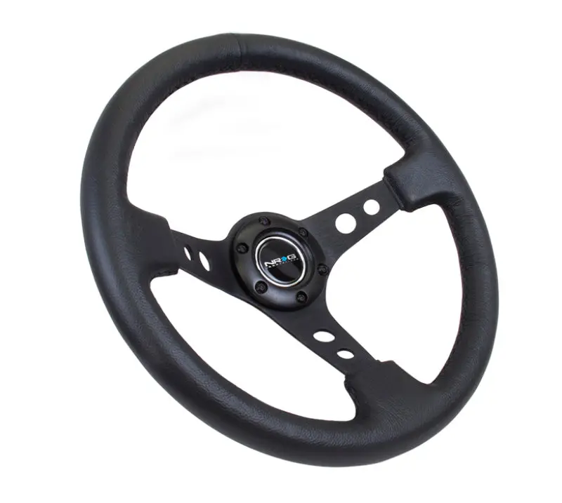 Nrg Reinforced Steering Wheel (350Mm / 3In. Deep) Blk Leather W/Blk Spoke & Circle Cutouts 1