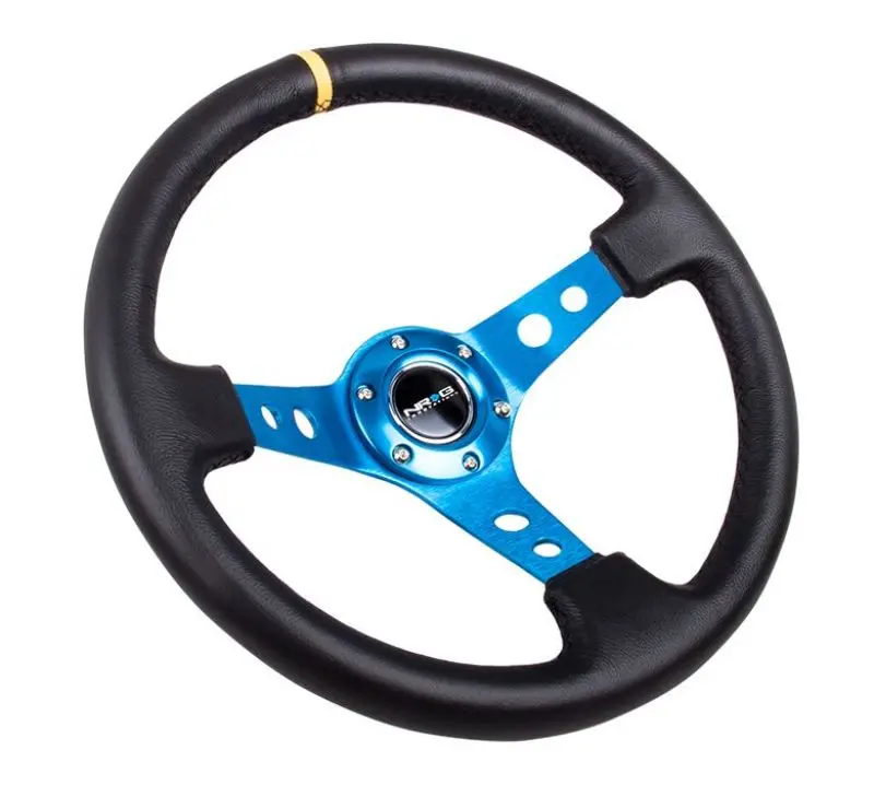 Nrg Reinforced Steering Wheel (350Mm / 3In. Deep) Blk Leather W/Blue Cutout Spoke & Single Yellow Cm 1