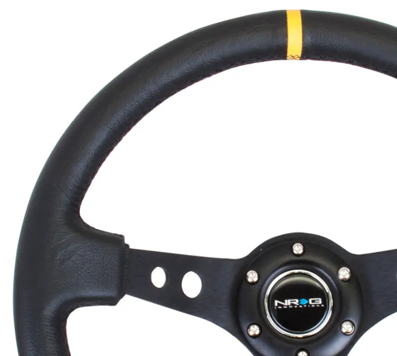 Nrg Reinforced Steering Wheel (350Mm / 3In. Deep) Blk Leather W/Blk Cutout Spoke/Yellow Center Mark 1