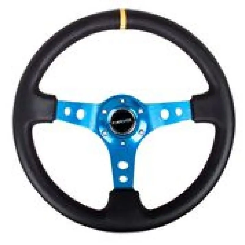 Nrg Reinforced Steering Wheel (350Mm / 3In. Deep) Blk Leather W/Blue Cutout Spoke & Single Yellow Cm 2